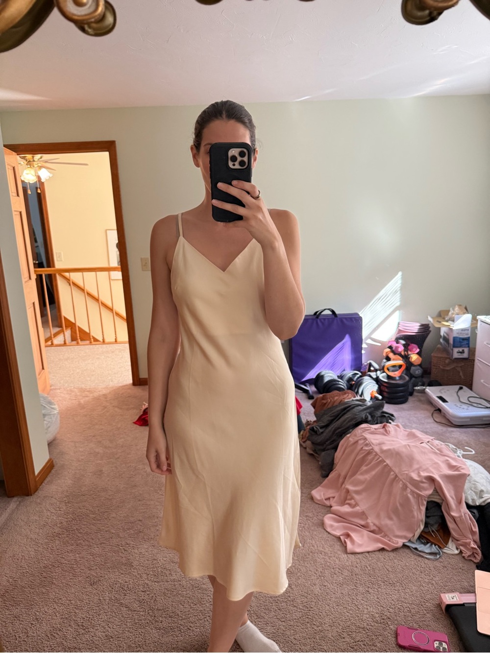 bohme Cream Slip Midi Dress with Spaghetti Straps